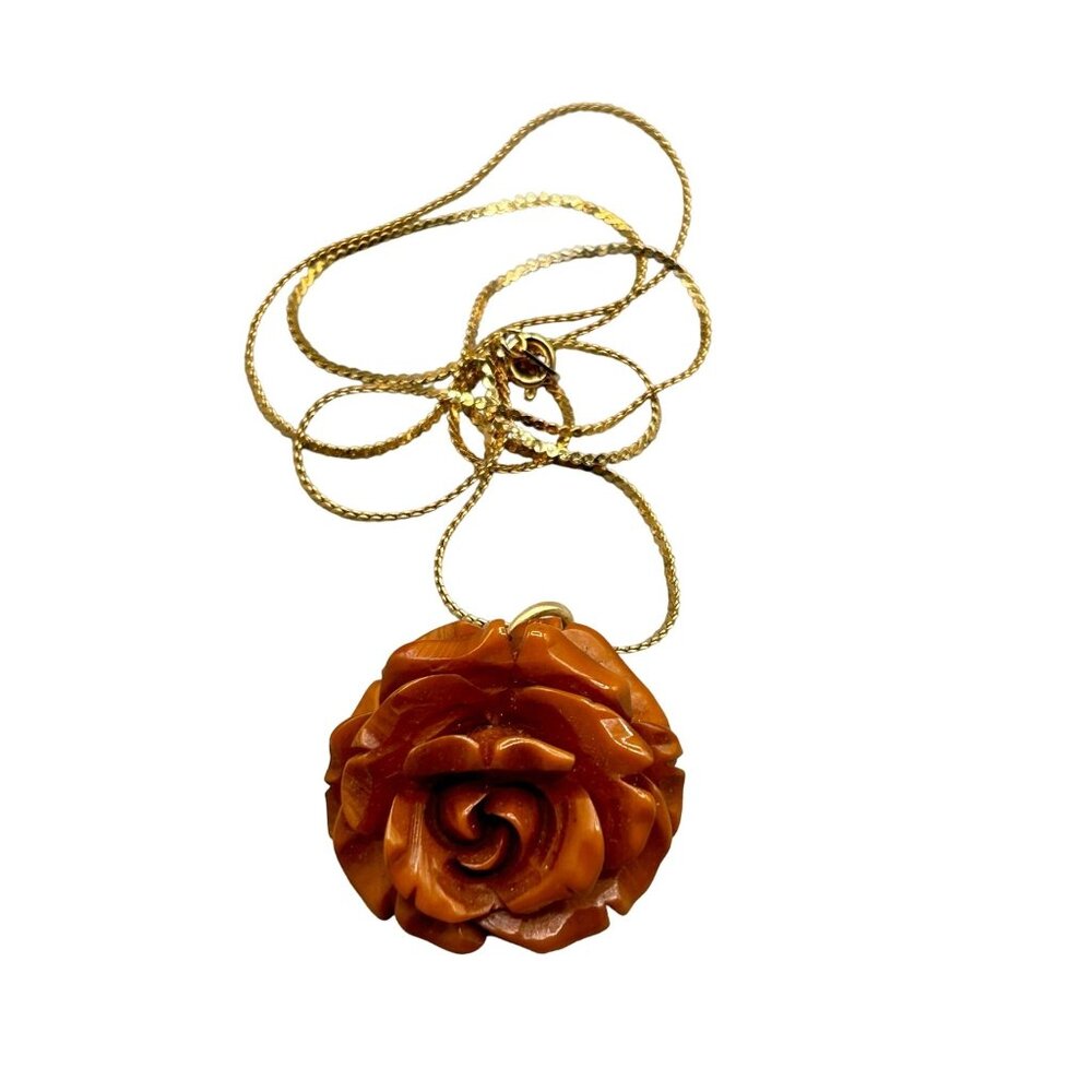 Carved Bakelite Rose Pendant Necklace Gold Tone Chain Vintage Jewelry Statement